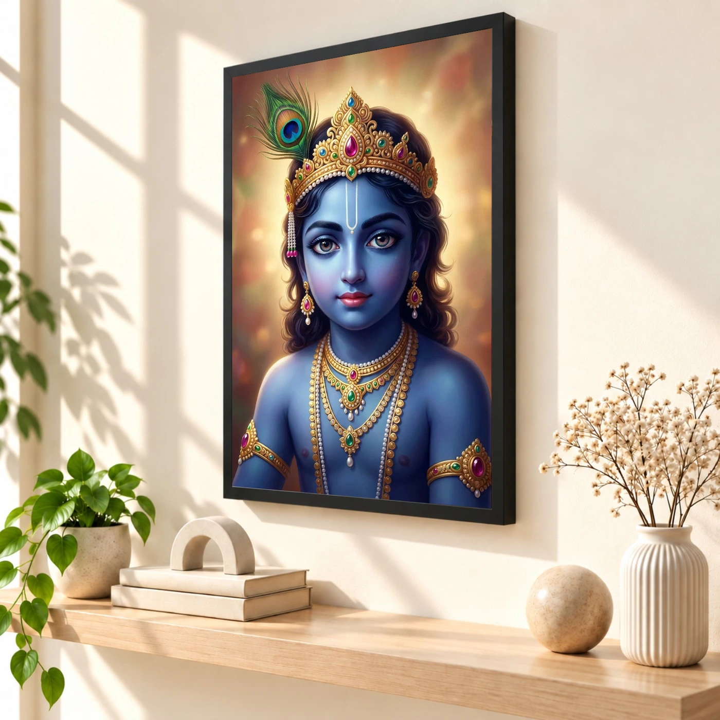 Lord Krishna Devotional Portrait Peacock Feather Crown Art Photo Frame, view 2
