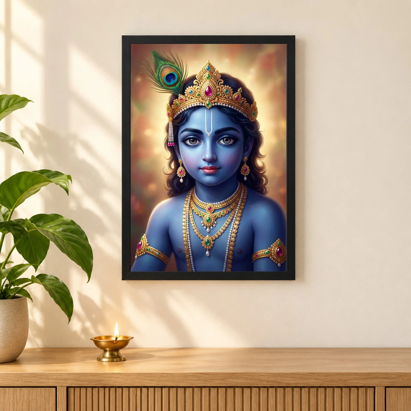 Lord Krishna Devotional Portrait Peacock Feather Crown Art Photo Frame, view 3