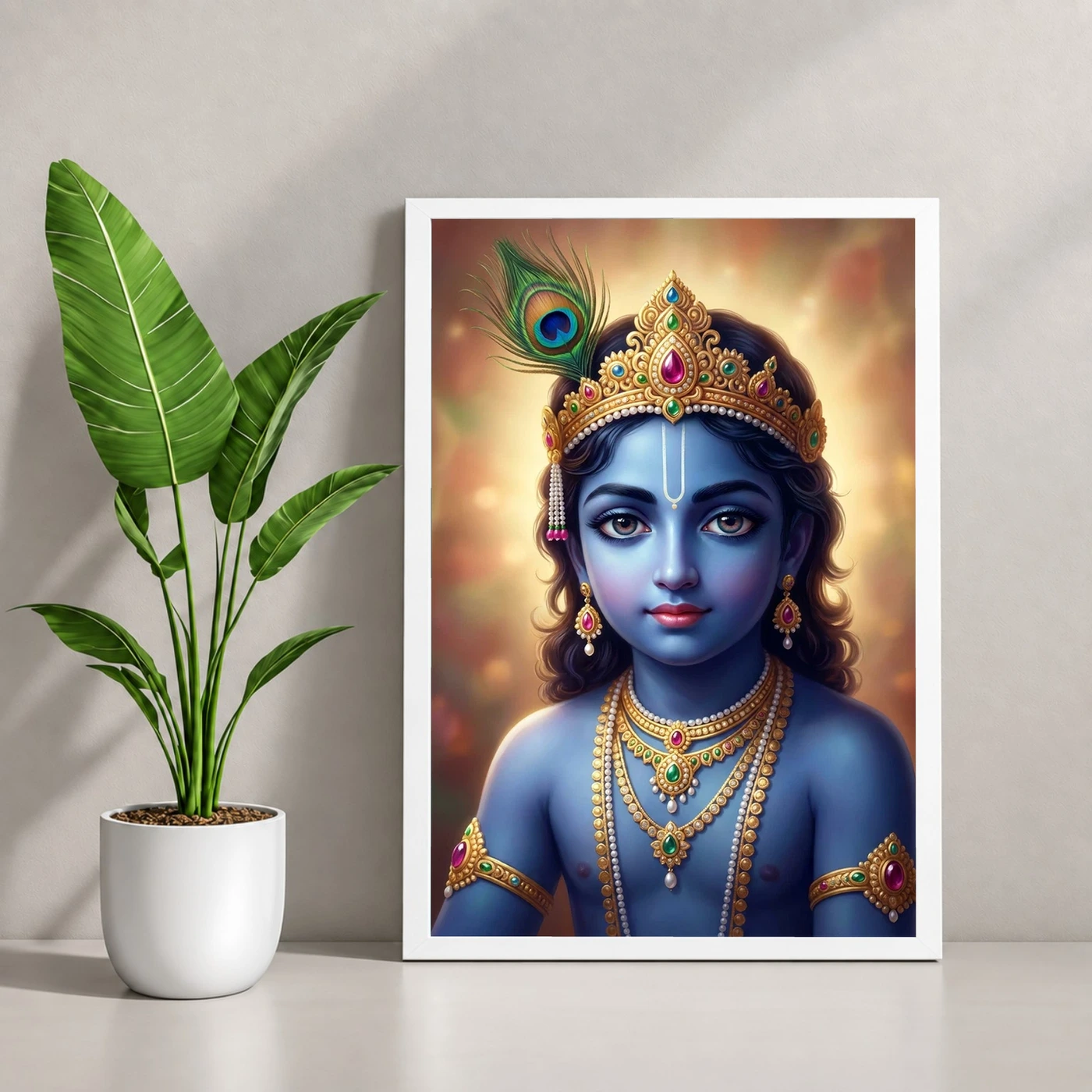 Lord Krishna Devotional Portrait Peacock Feather Crown Art Photo Frame, view 4