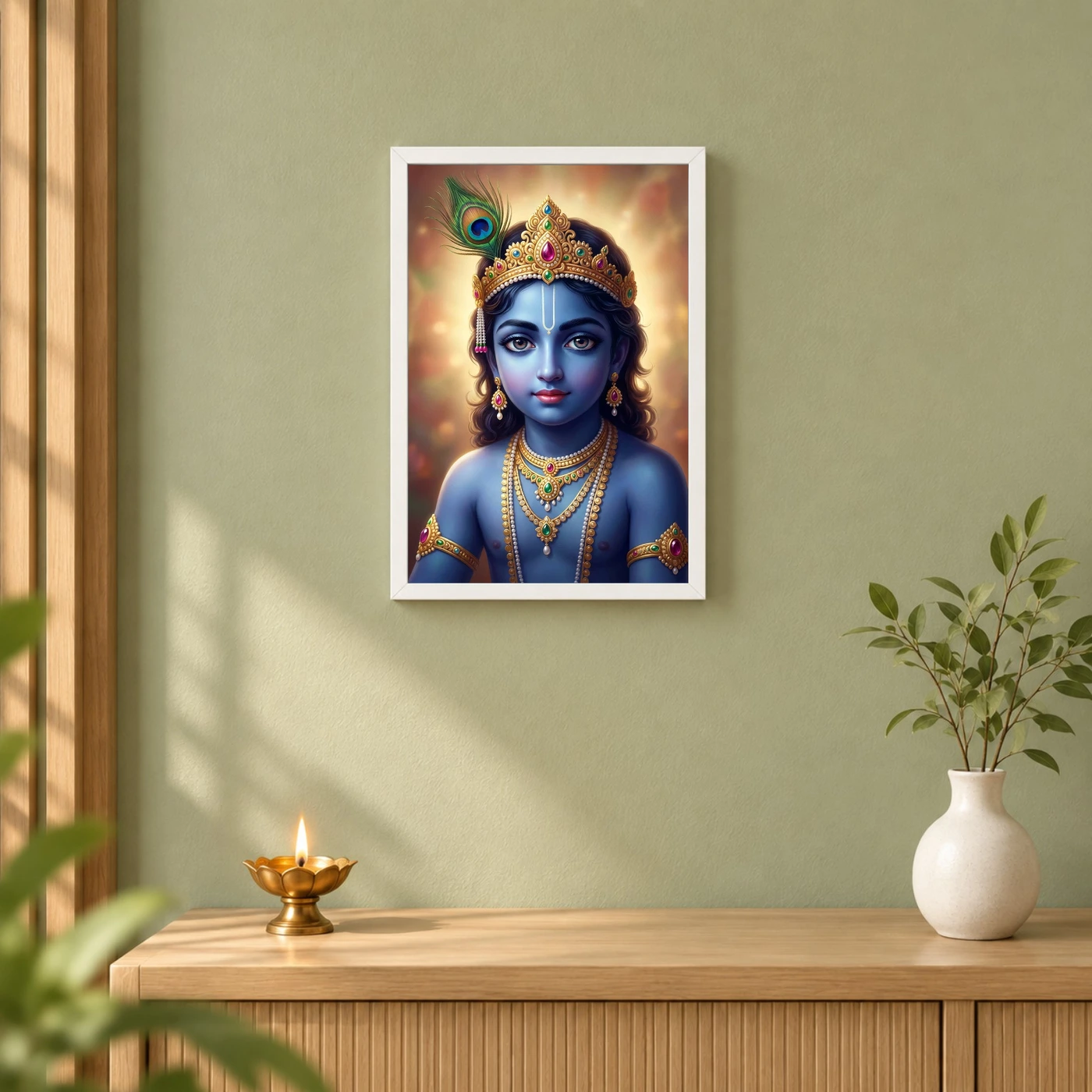 Lord Krishna Devotional Portrait Peacock Feather Crown Art Photo Frame, view 6