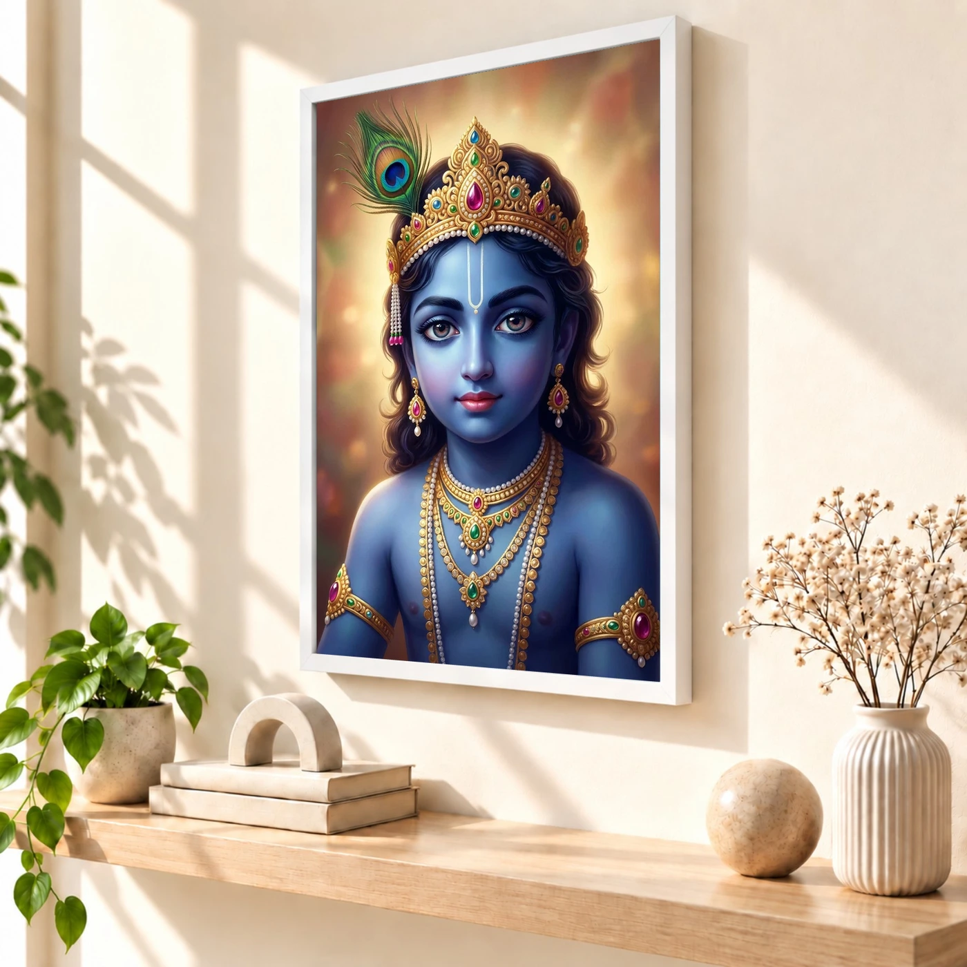 Lord Krishna Devotional Portrait Peacock Feather Crown Art Photo Frame, view 7