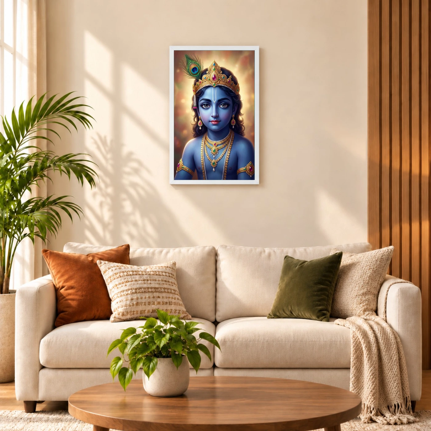 Lord Krishna Devotional Portrait Peacock Feather Crown Art Photo Frame, view 9