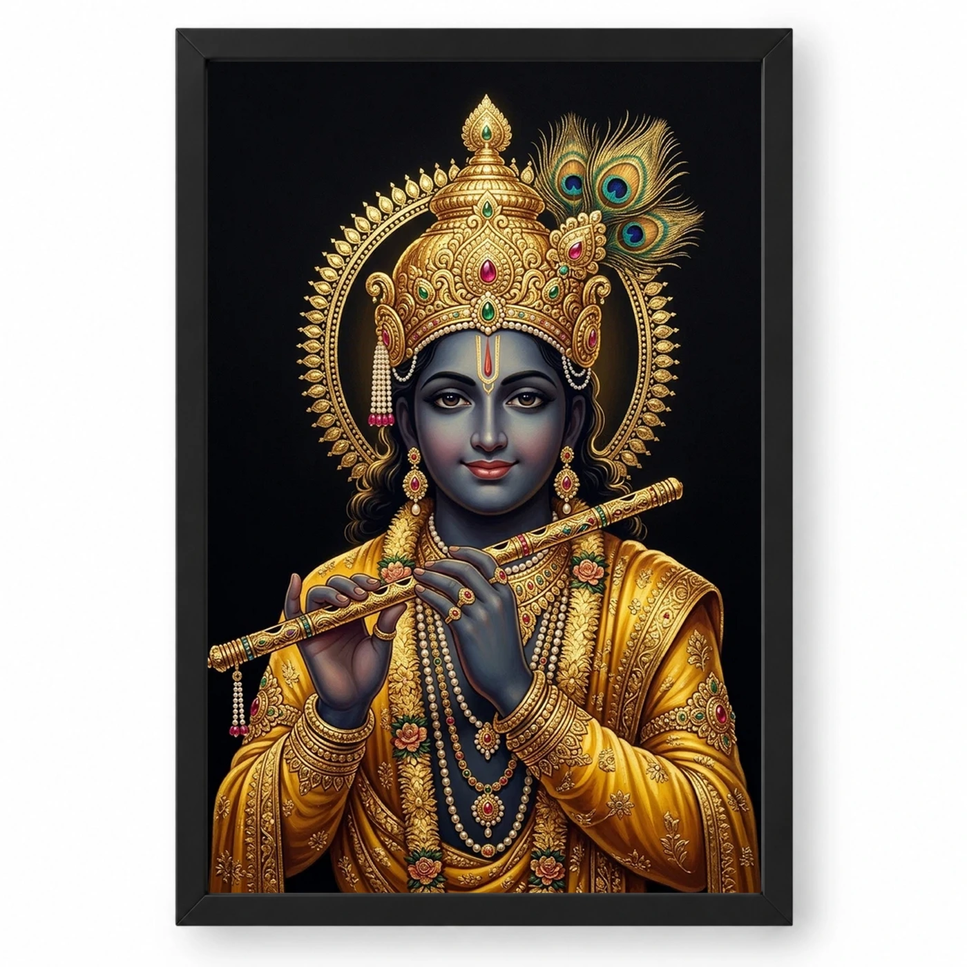 Lord Krishna Gold Leaf Luxury Portrait Black Fine Art Photo Frame