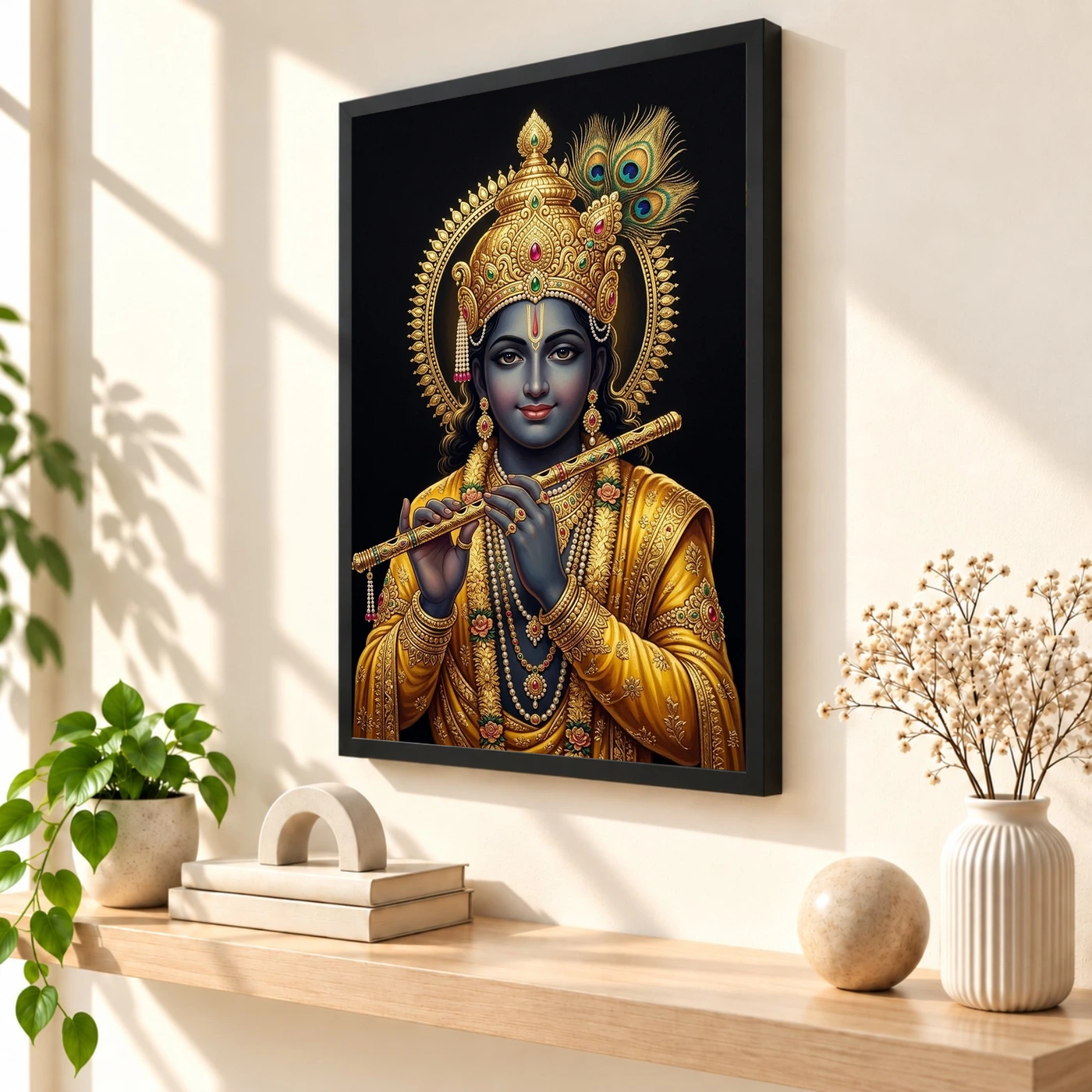 Lord Krishna Gold Leaf Luxury Portrait Black Fine Art Photo Frame, view 2