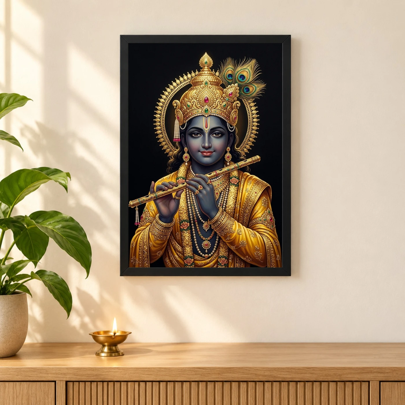 Lord Krishna Gold Leaf Luxury Portrait Black Fine Art Photo Frame, view 3