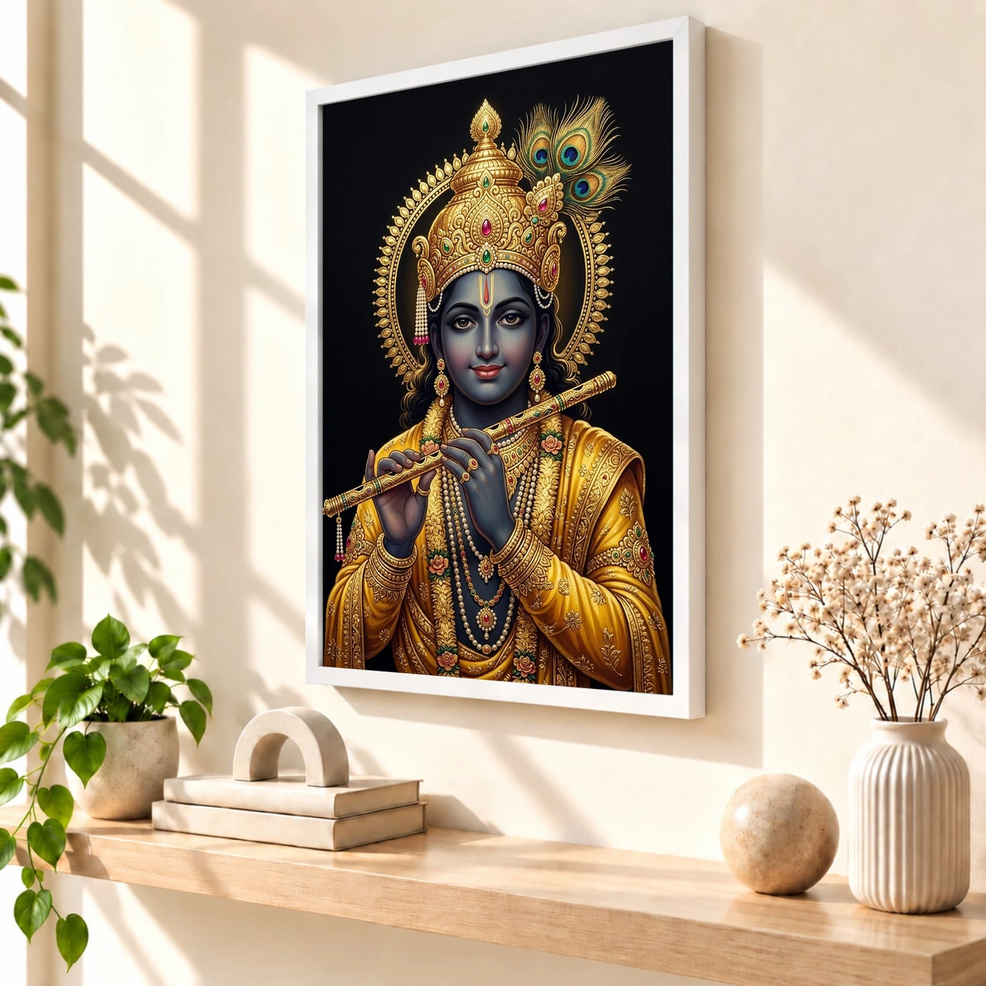 Lord Krishna Gold Leaf Luxury Portrait Black Fine Art Photo Frame, view 7