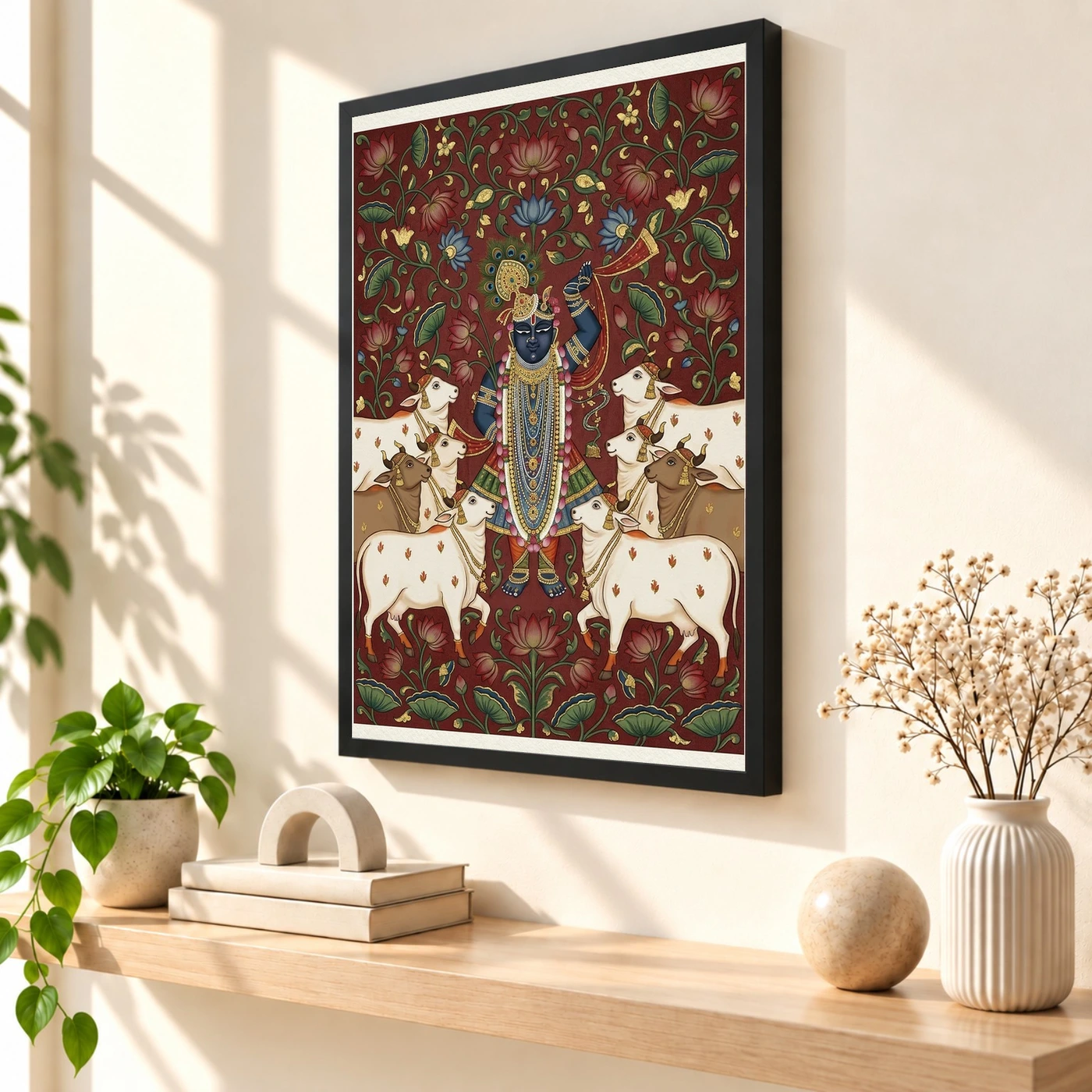 Lord Krishna Pichwai Painting Cows Nathdwara Style Art Photo Frame, view 2