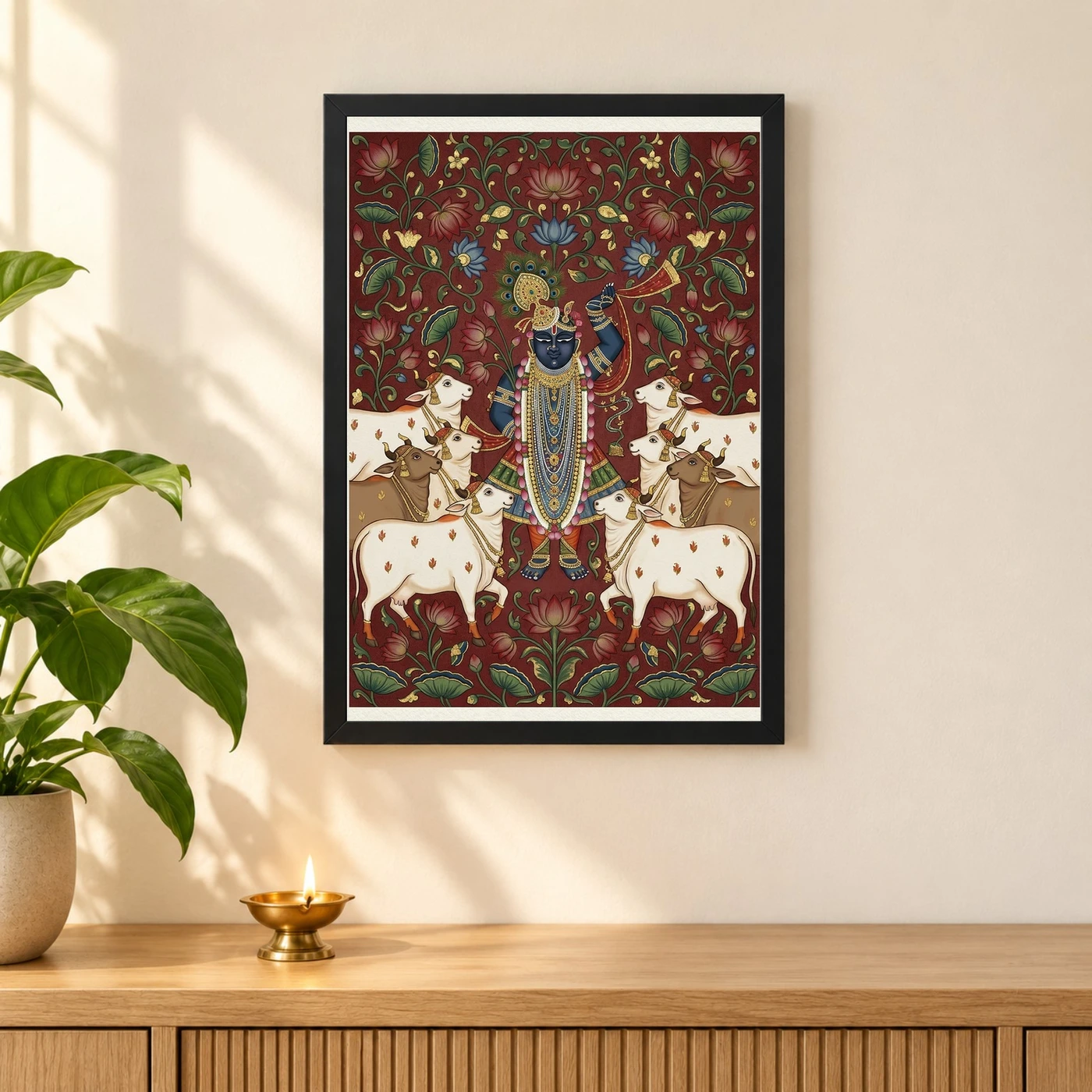 Lord Krishna Pichwai Painting Cows Nathdwara Style Art Photo Frame, view 3