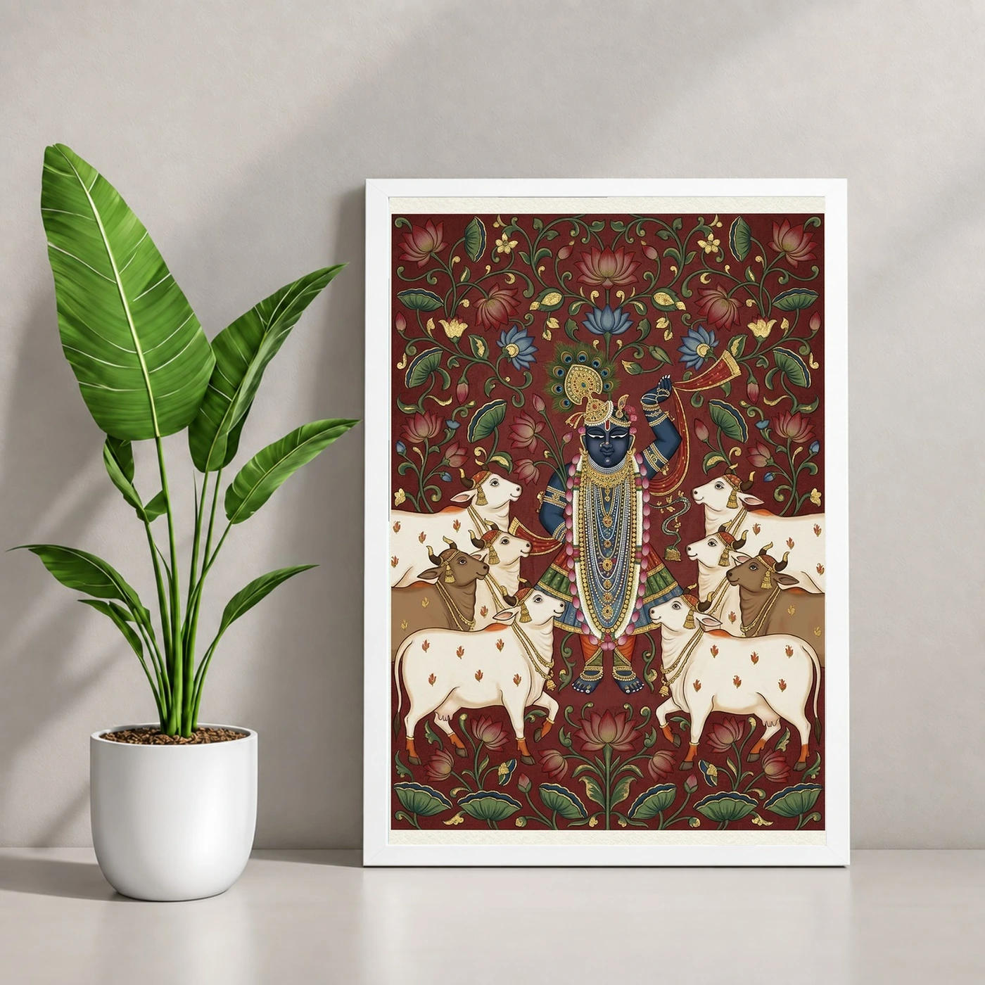 Lord Krishna Pichwai Painting Cows Nathdwara Style Art Photo Frame, view 4