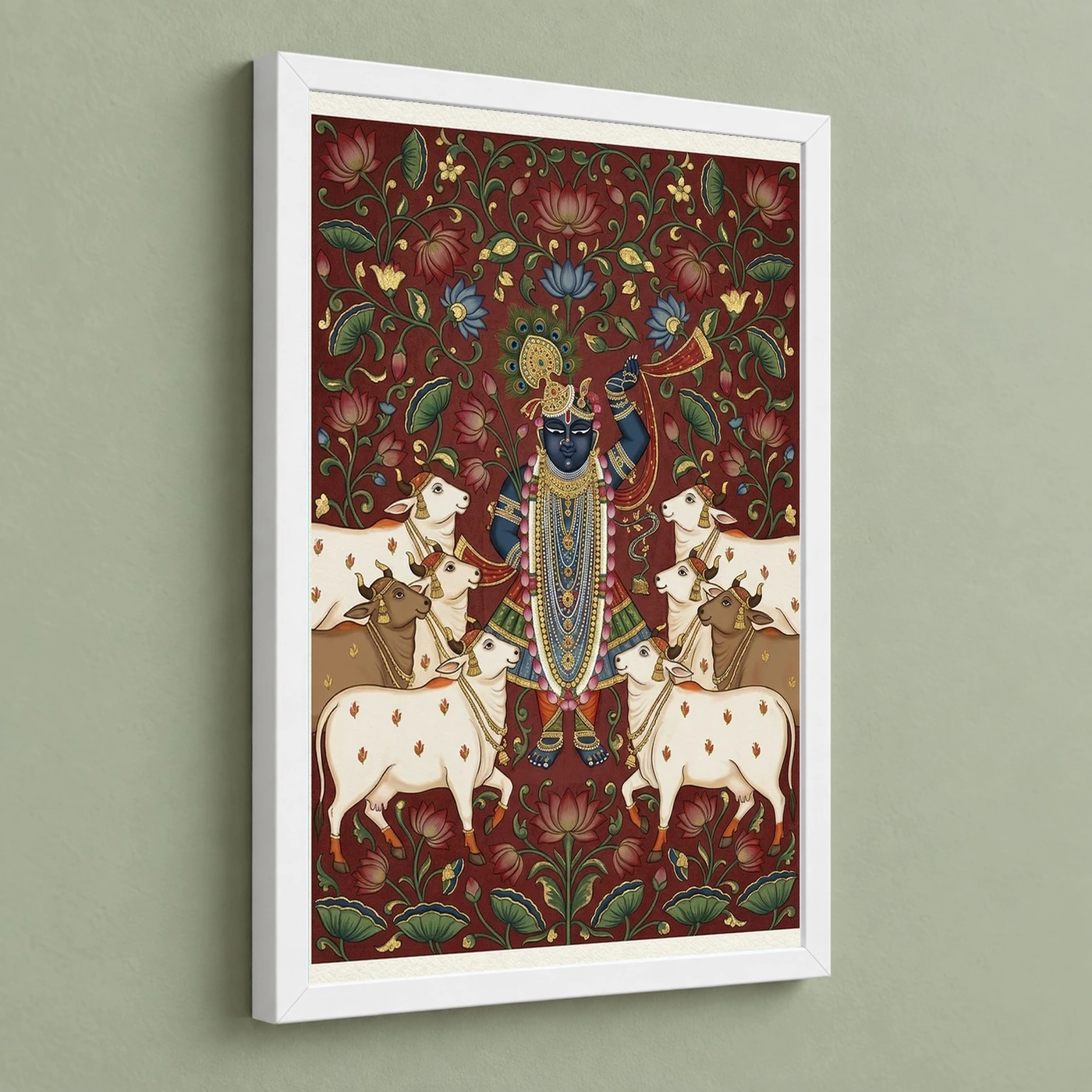 Lord Krishna Pichwai Painting Cows Nathdwara Style Art Photo Frame, view 5