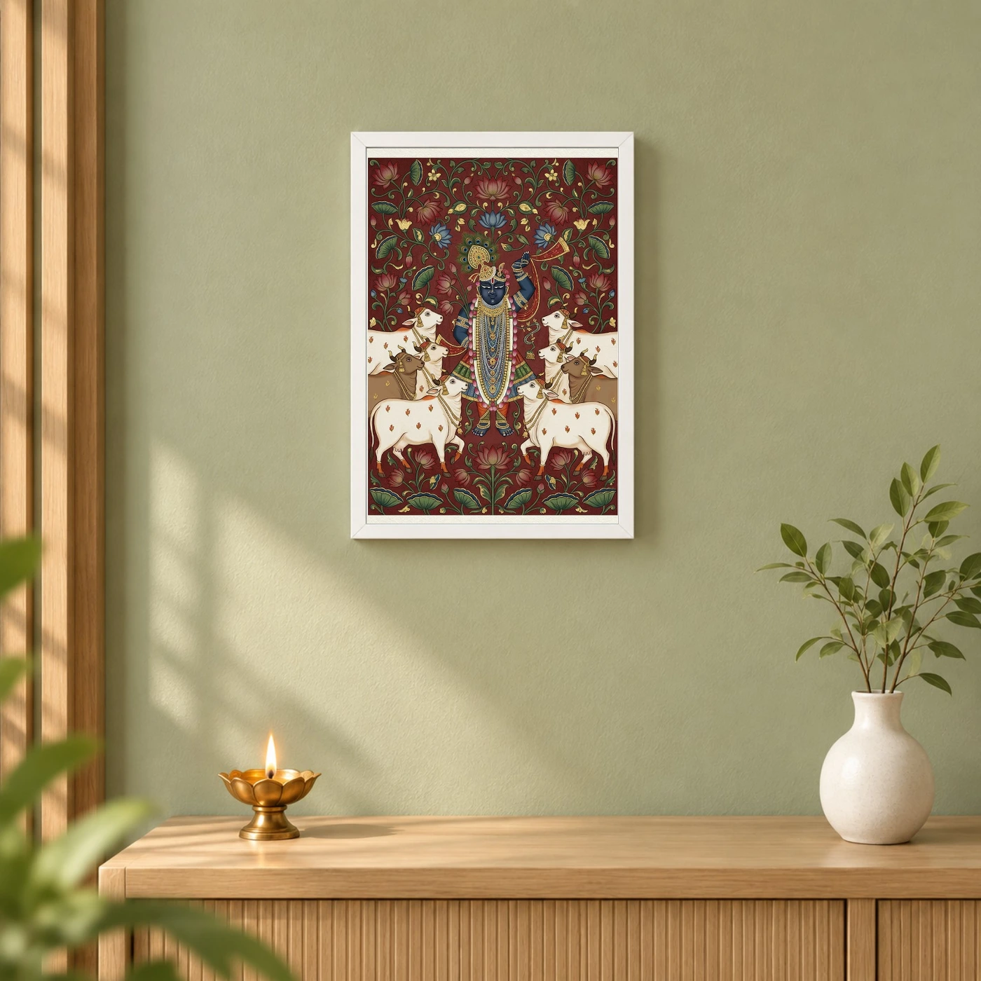 Lord Krishna Pichwai Painting Cows Nathdwara Style Art Photo Frame, view 6