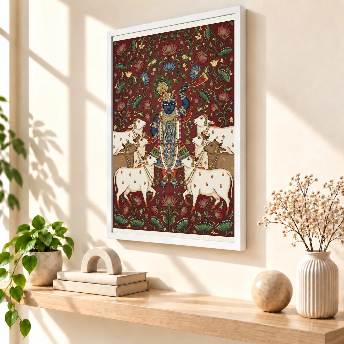 Lord Krishna Pichwai Painting Cows Nathdwara Style Art Photo Frame, view 7