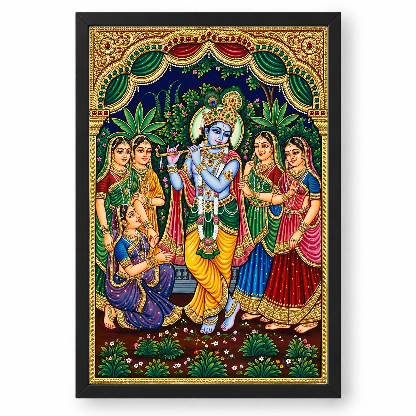 Lord Krishna Tanjore Painting Gopis Gold South Indian Art Photo Frame