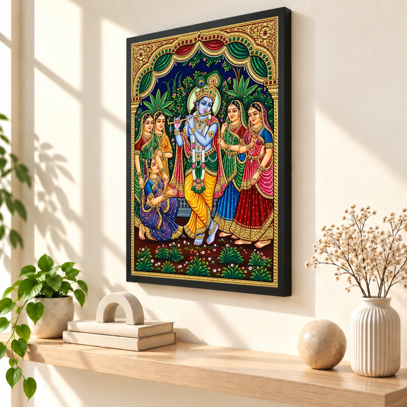 Lord Krishna Tanjore Painting Gopis Gold South Indian Art Photo Frame, view 2