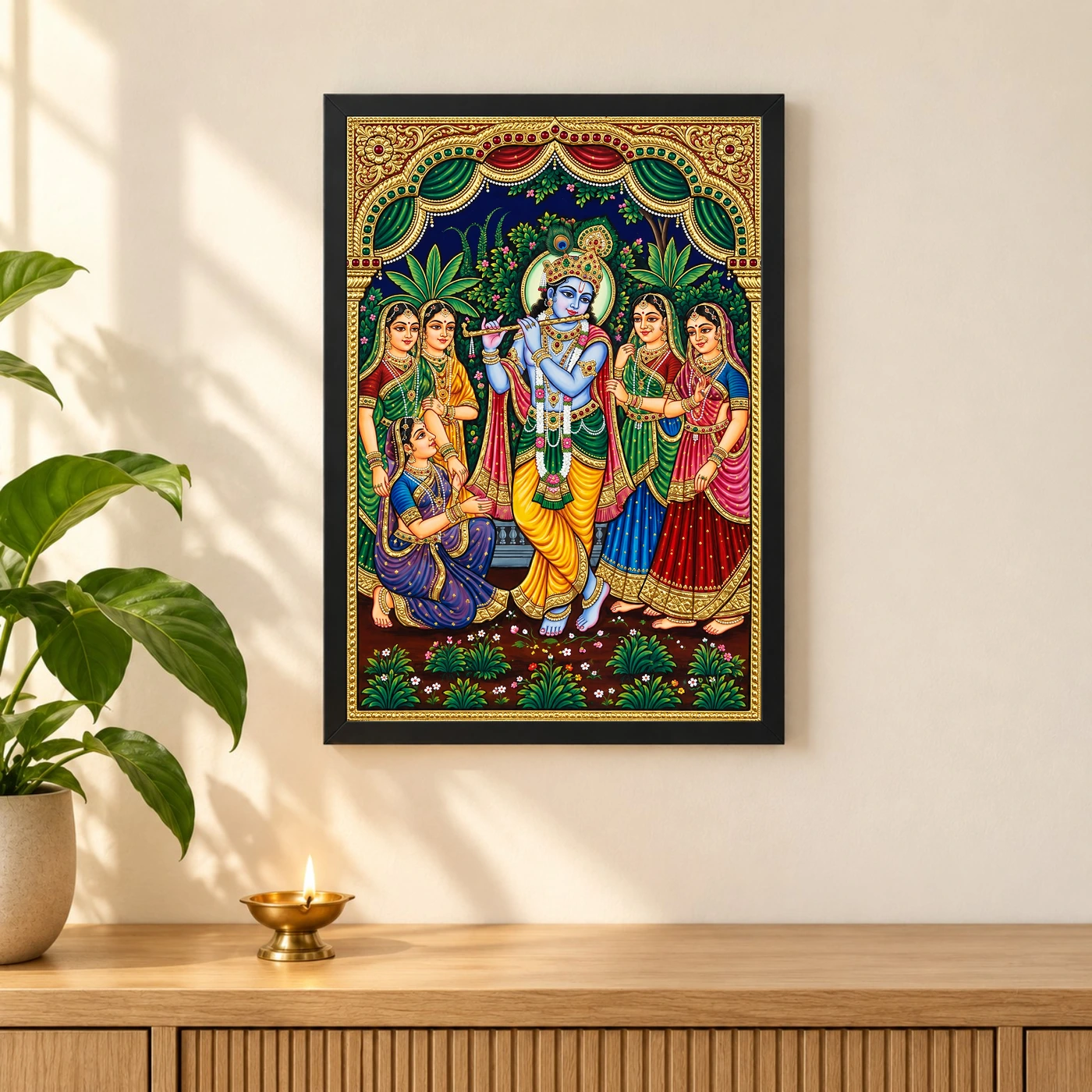 Lord Krishna Tanjore Painting Gopis Gold South Indian Art Photo Frame, view 3