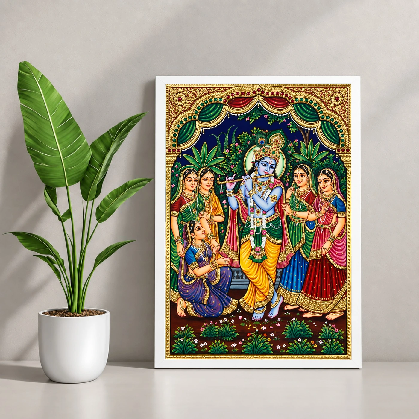 Lord Krishna Tanjore Painting Gopis Gold South Indian Art Photo Frame, view 4