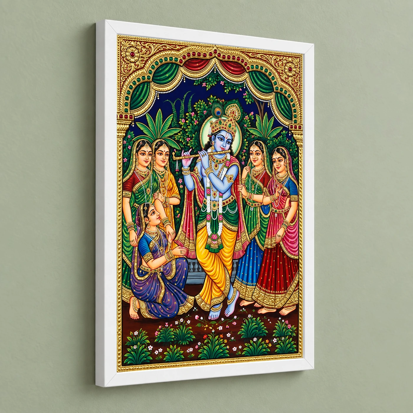 Lord Krishna Tanjore Painting Gopis Gold South Indian Art Photo Frame, view 5