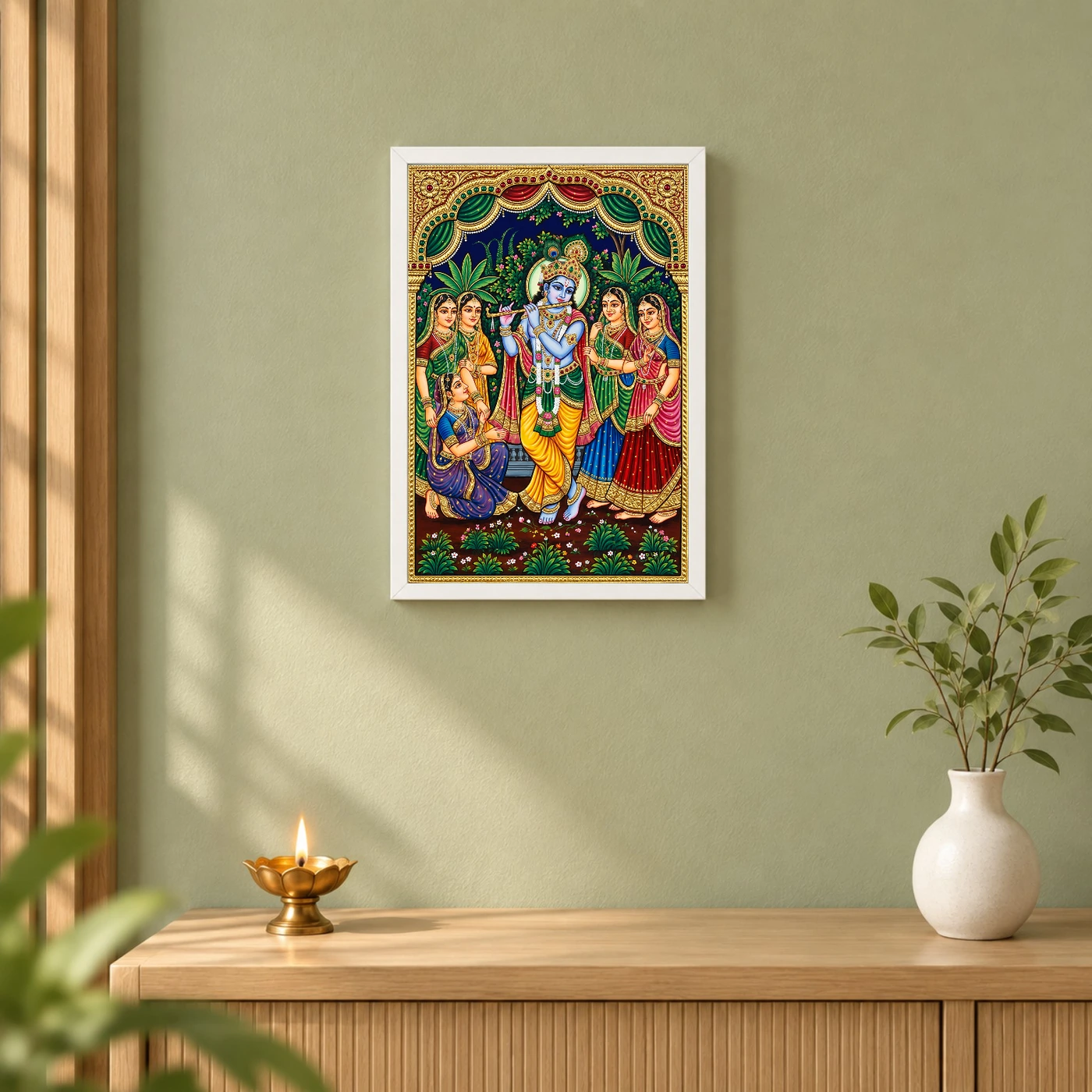 Lord Krishna Tanjore Painting Gopis Gold South Indian Art Photo Frame, view 6