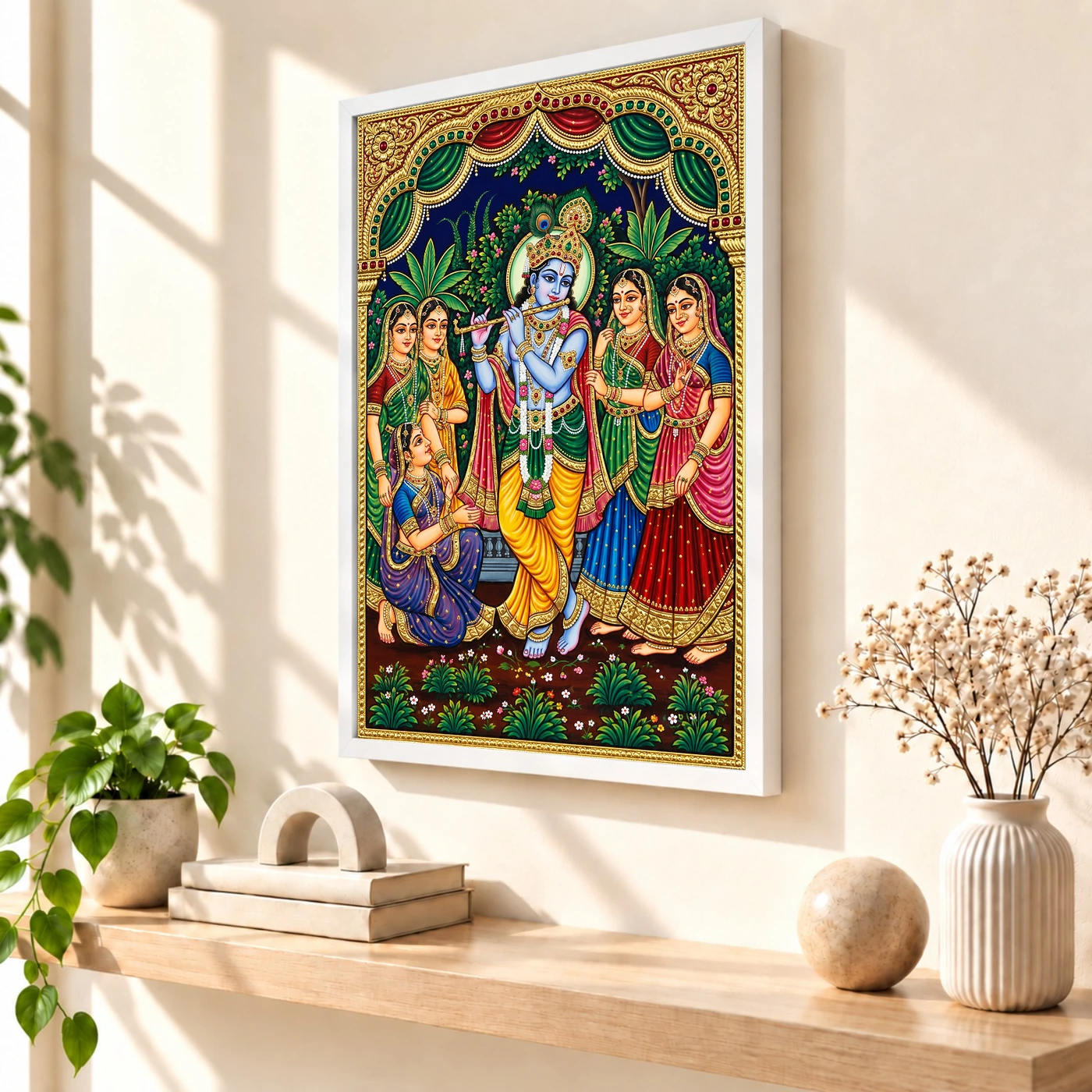 Lord Krishna Tanjore Painting Gopis Gold South Indian Art Photo Frame, view 7
