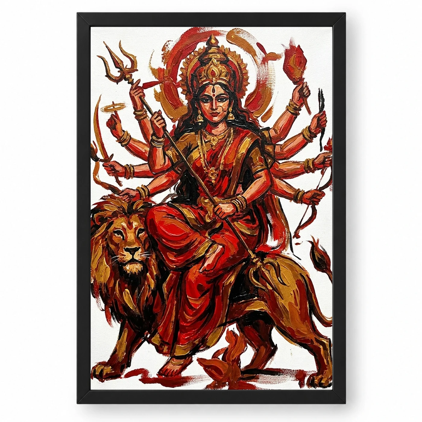 Maa Durga Abstract Red Gold Contemporary Expressive Art Photo Frame