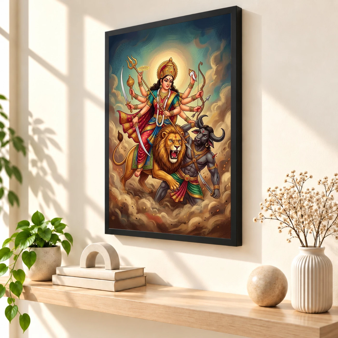 Maa Durga Lion Mahishasuramardini Ten Arms Navratri Art Photo Frame, view 2