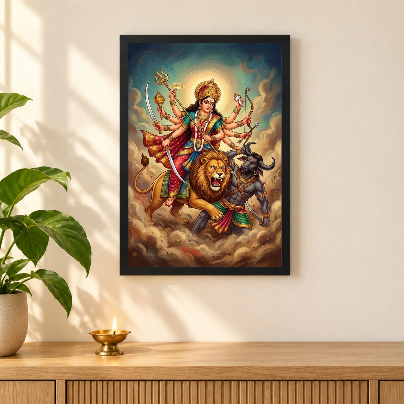 Maa Durga Lion Mahishasuramardini Ten Arms Navratri Art Photo Frame, view 3