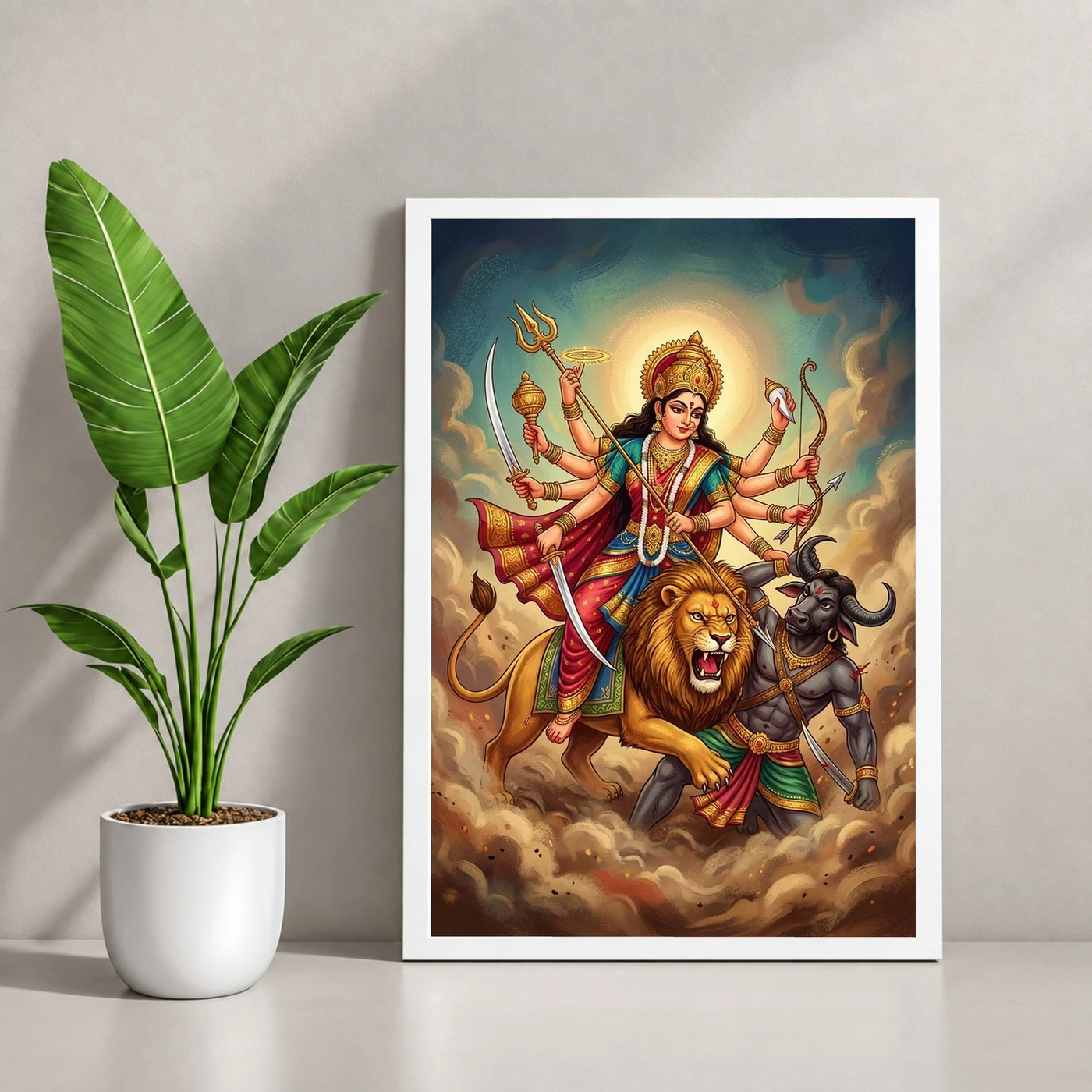 Maa Durga Lion Mahishasuramardini Ten Arms Navratri Art Photo Frame, view 4