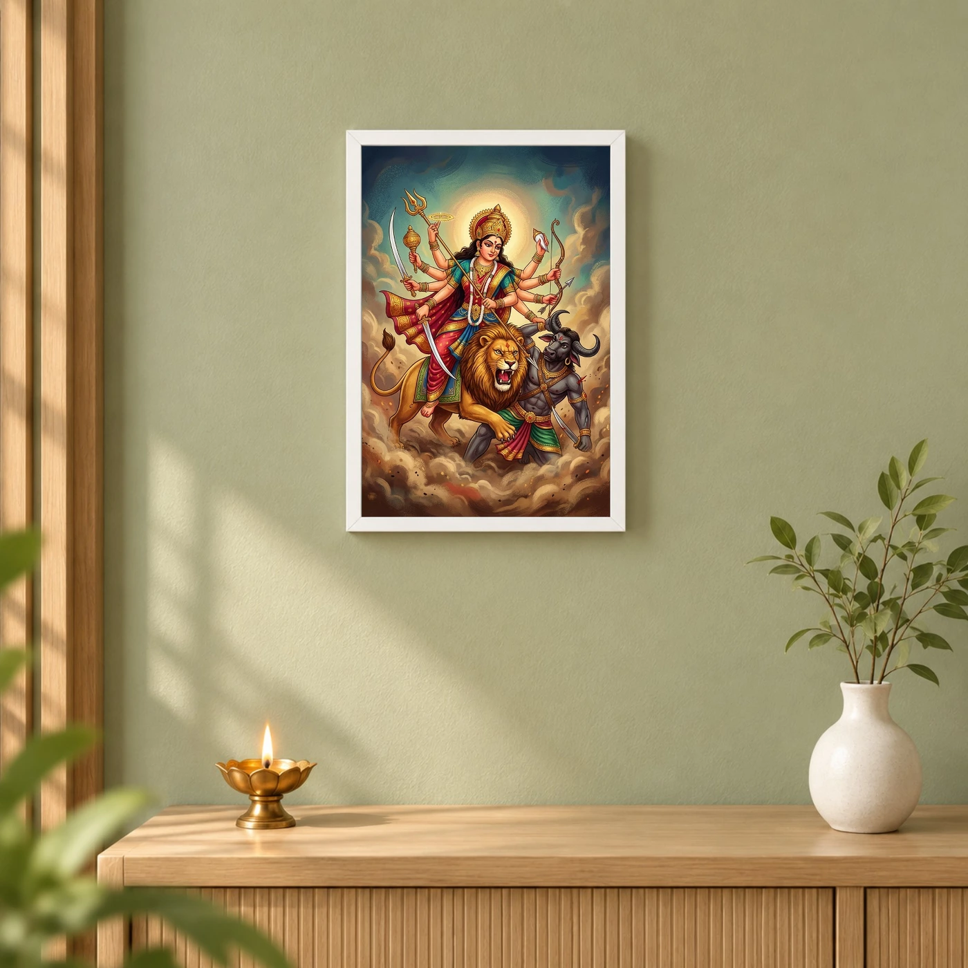 Maa Durga Lion Mahishasuramardini Ten Arms Navratri Art Photo Frame, view 6