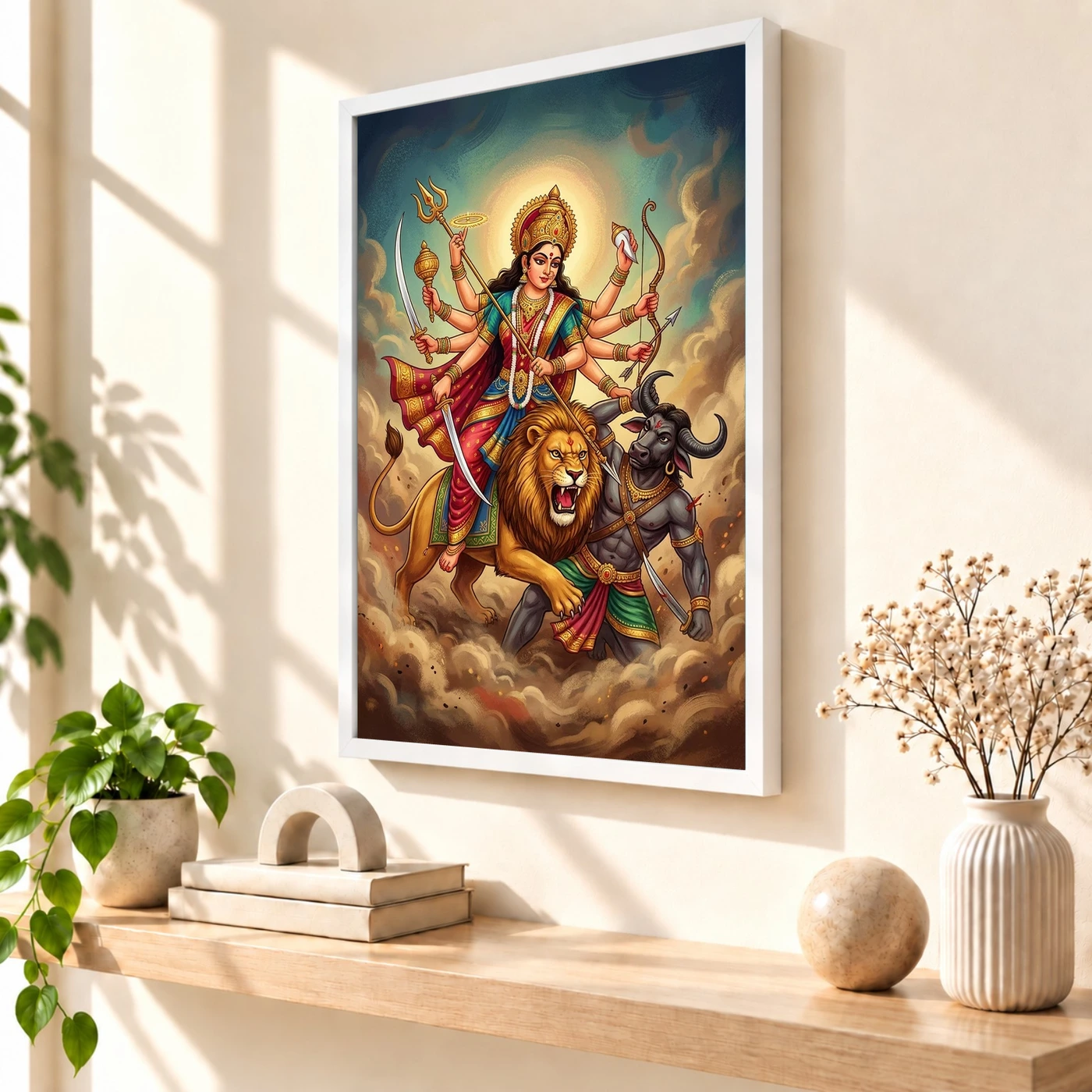 Maa Durga Lion Mahishasuramardini Ten Arms Navratri Art Photo Frame, view 7