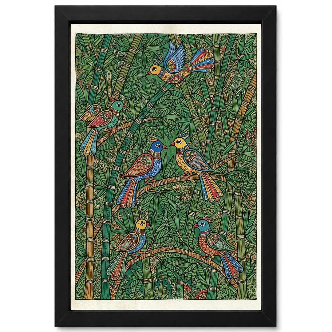 Madhubani Bamboo Grove Birds Green Nature Folk Bihar Art Photo Frame
