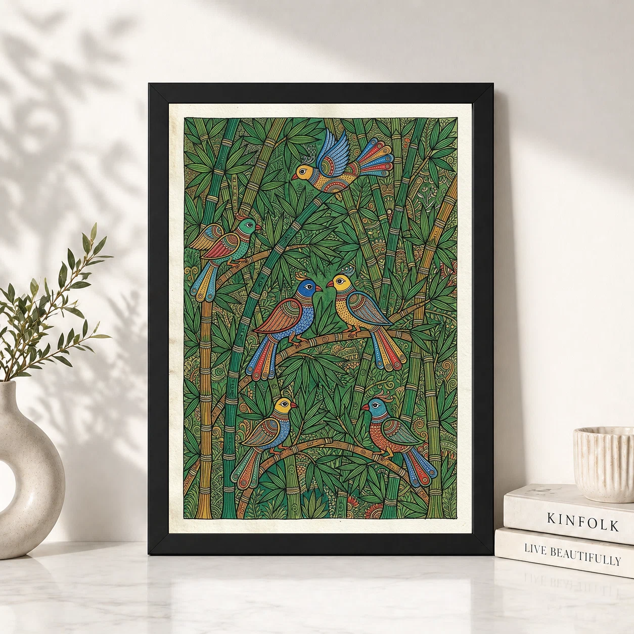 Madhubani Bamboo Grove Birds Green Nature Folk Bihar Art Photo Frame, view 2