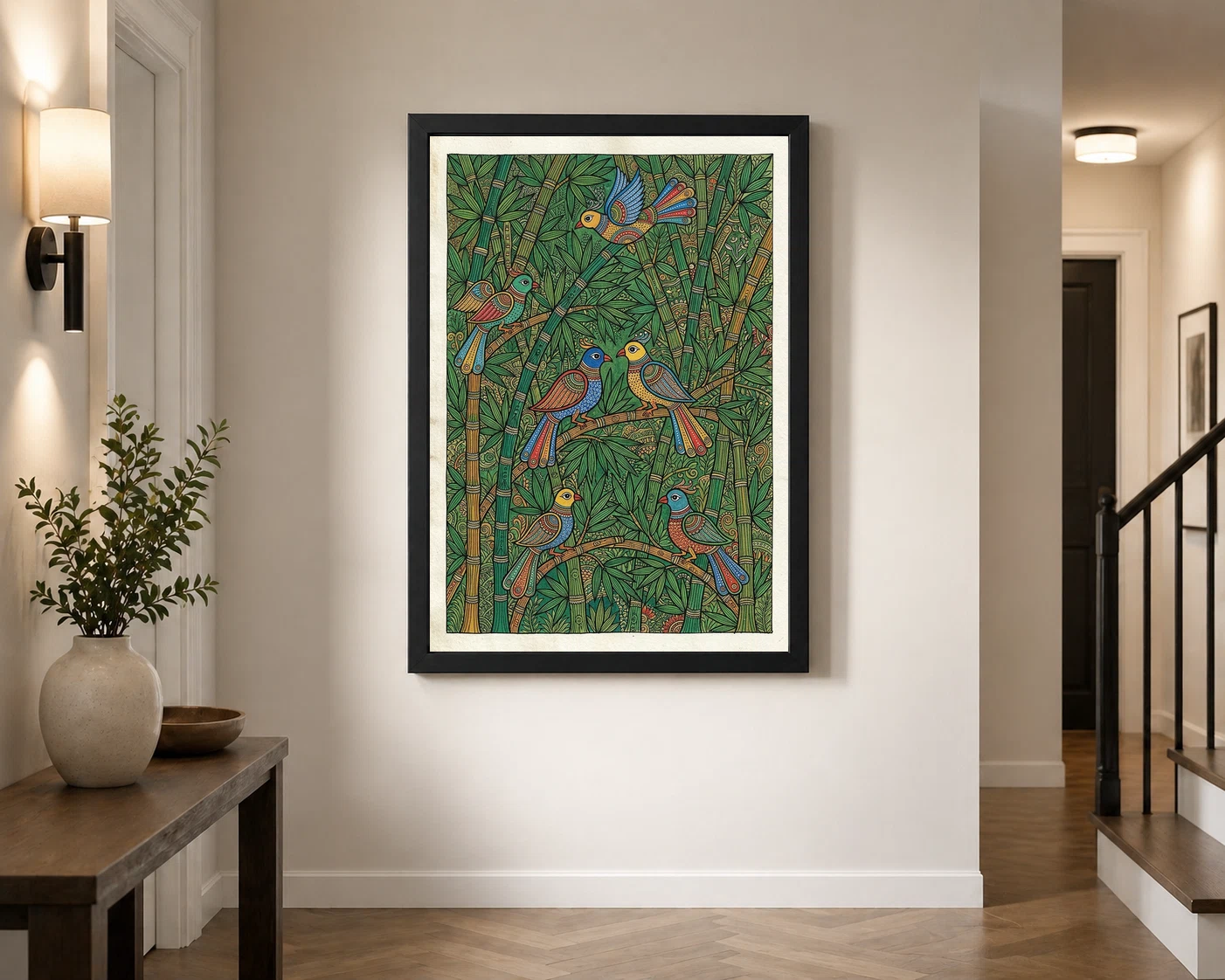 Madhubani Bamboo Grove Birds Green Nature Folk Bihar Art Photo Frame, view 3