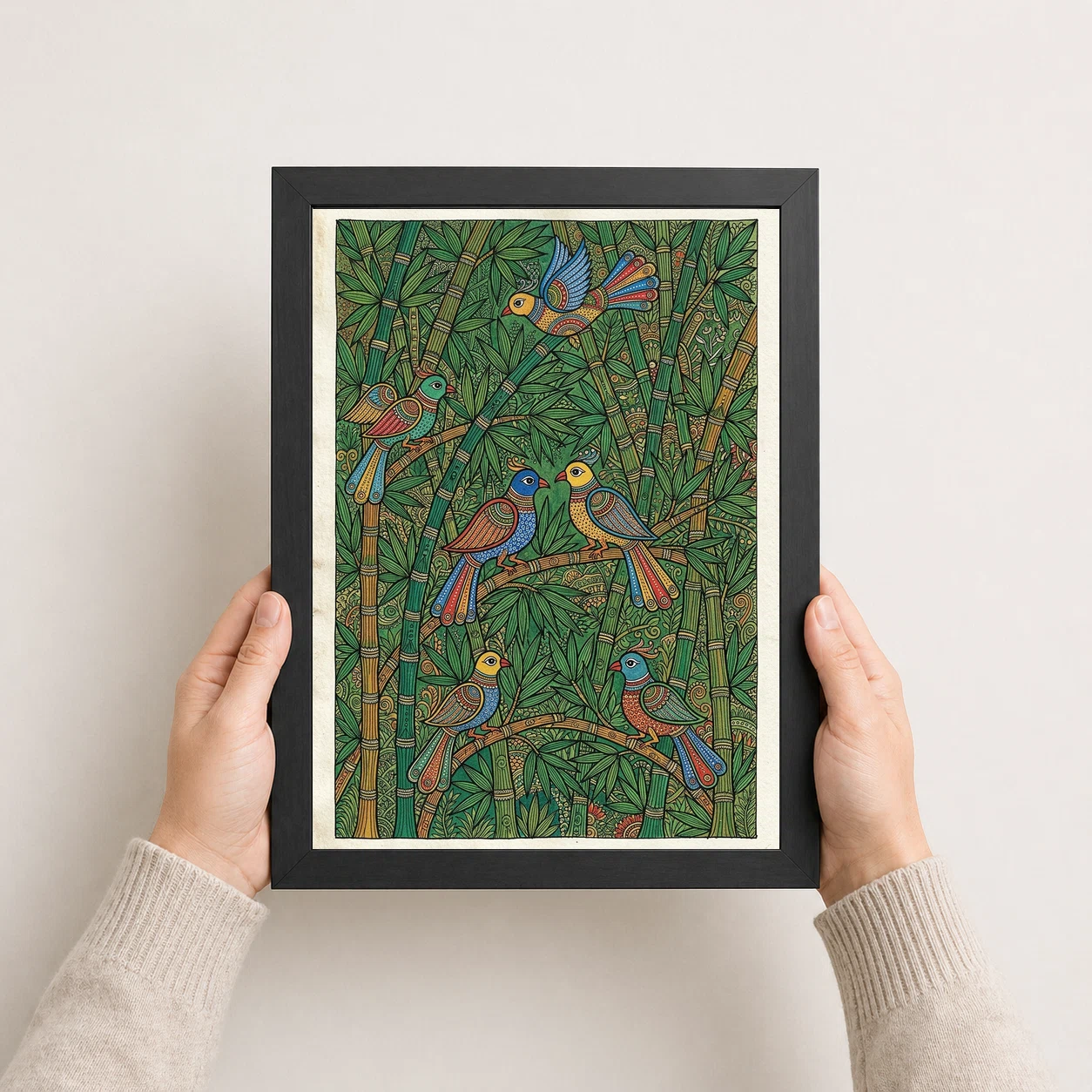 Madhubani Bamboo Grove Birds Green Nature Folk Bihar Art Photo Frame, view 4