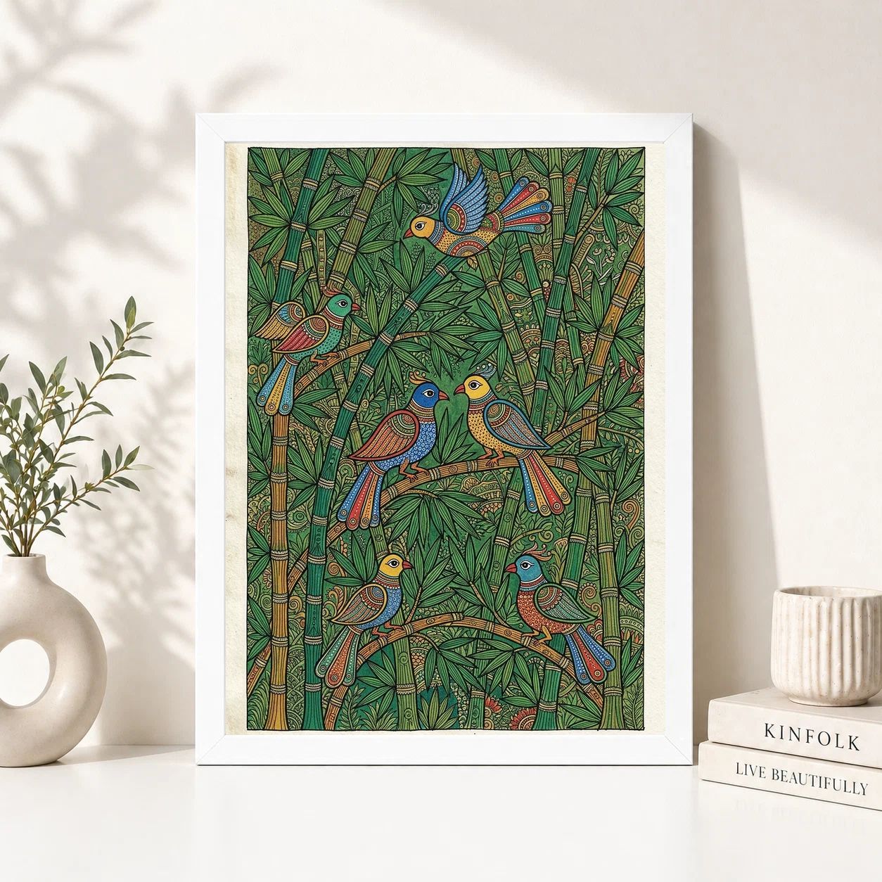 Madhubani Bamboo Grove Birds Green Nature Folk Bihar Art Photo Frame, view 5