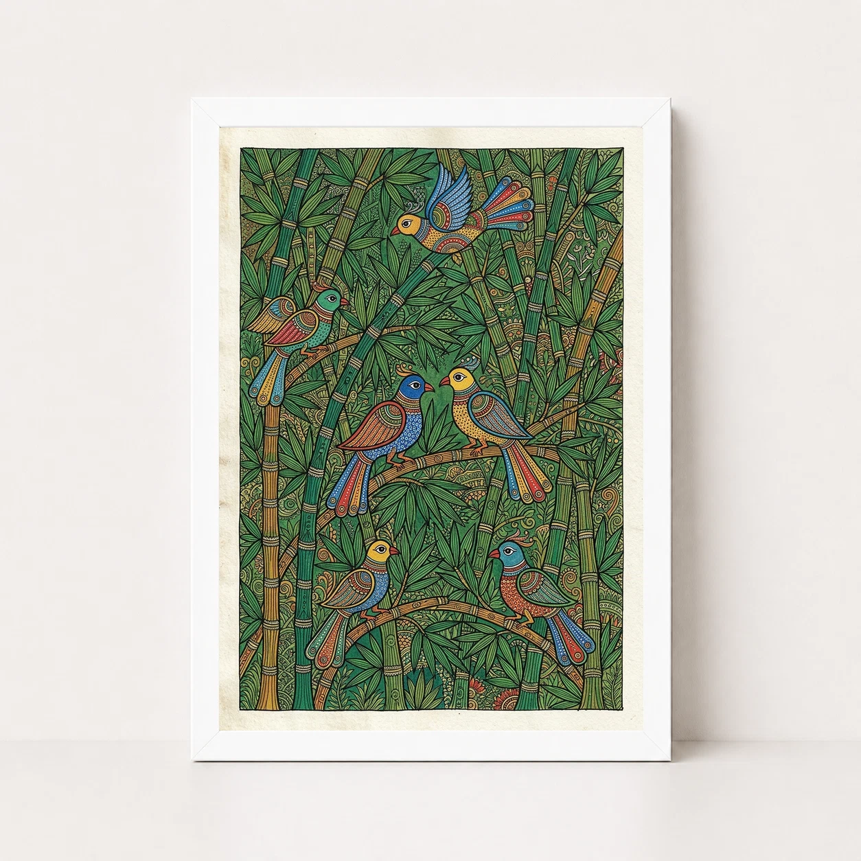 Madhubani Bamboo Grove Birds Green Nature Folk Bihar Art Photo Frame, view 6