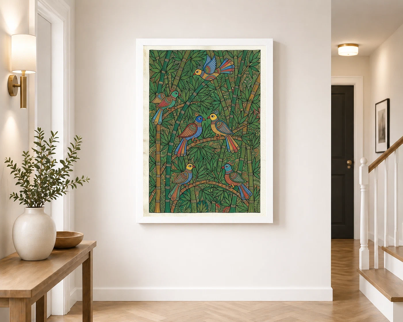 Madhubani Bamboo Grove Birds Green Nature Folk Bihar Art Photo Frame, view 7