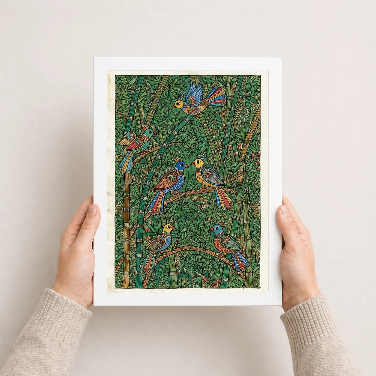 Madhubani Bamboo Grove Birds Green Nature Folk Bihar Art Photo Frame, view 8