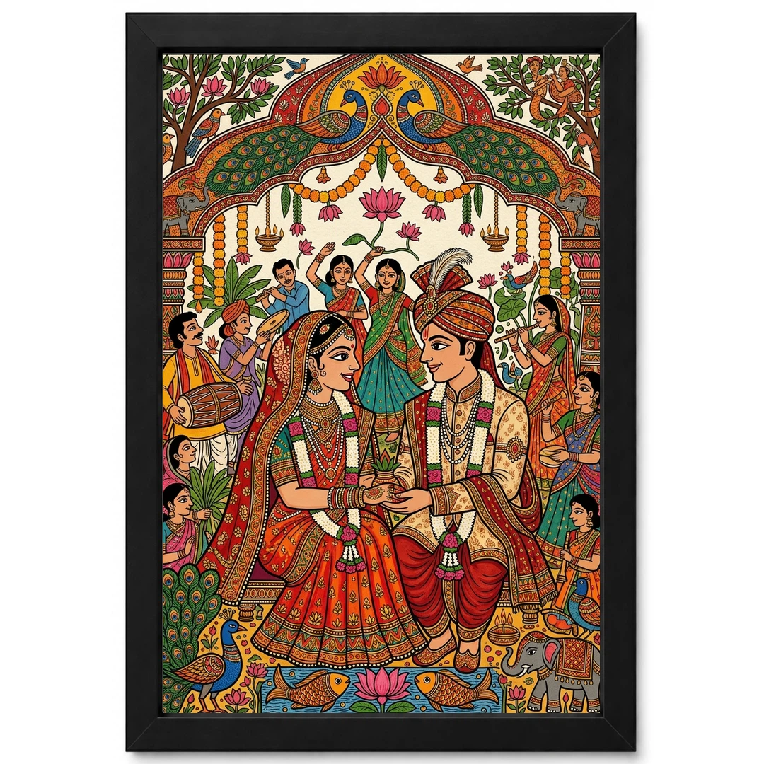 Madhubani Bride Groom Wedding Colorful Bihar Celebration Art Photo Frame