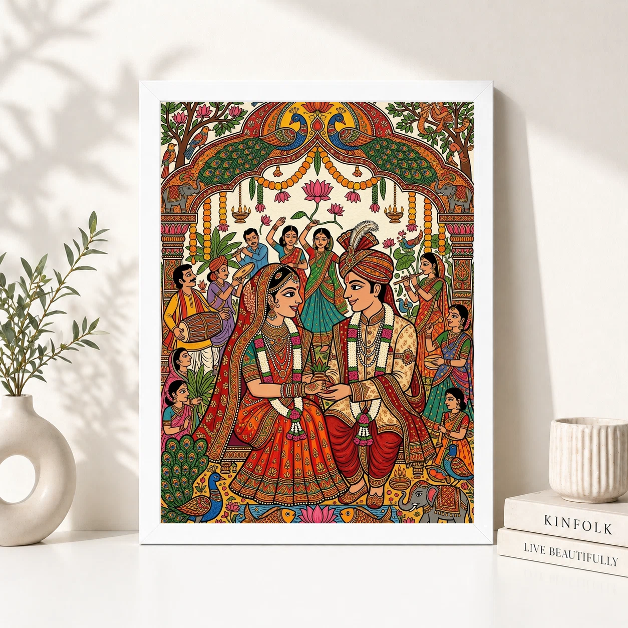 Madhubani Bride Groom Wedding Colorful Bihar Celebration Art Photo Frame, view 2