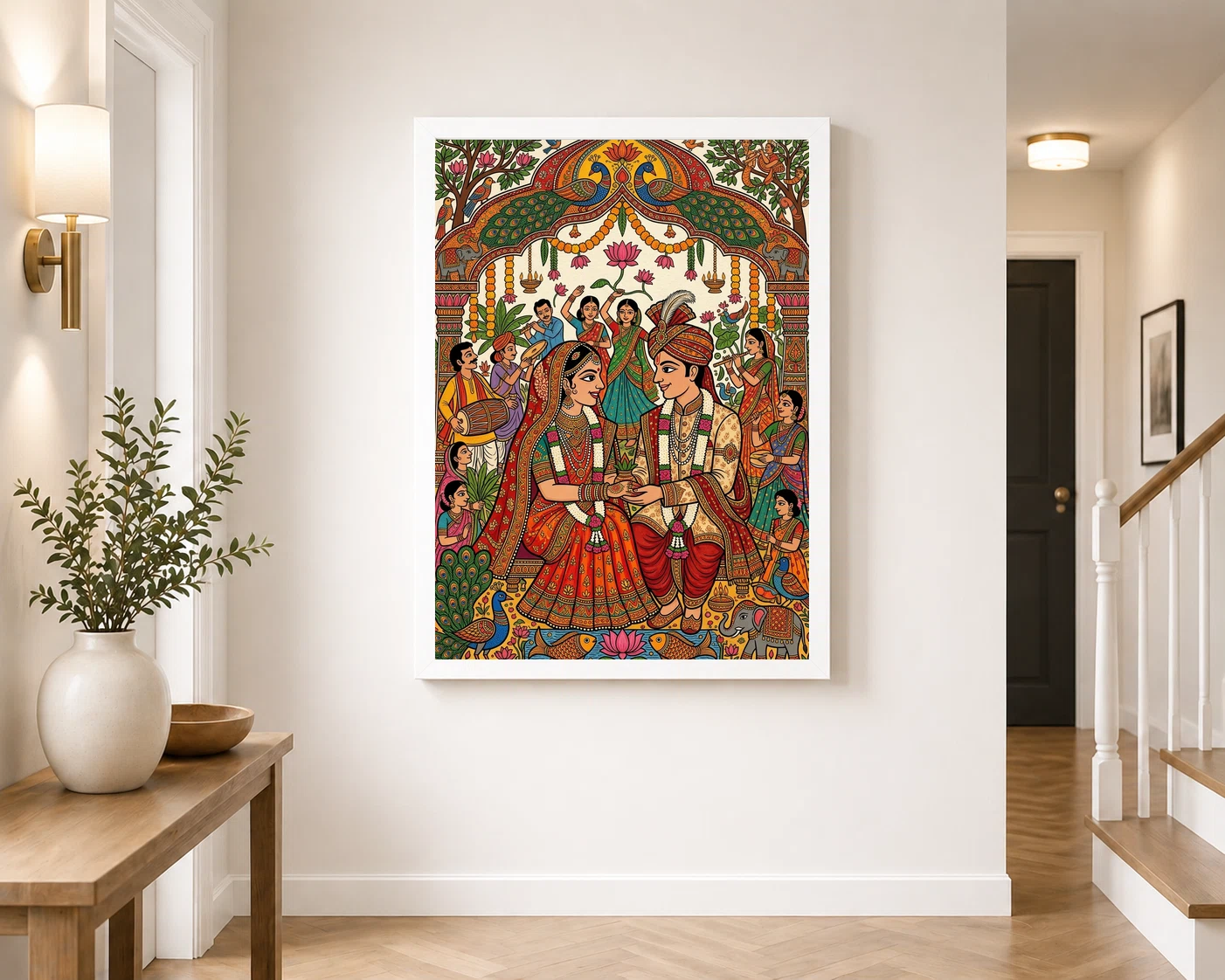 Madhubani Bride Groom Wedding Colorful Bihar Celebration Art Photo Frame, view 4