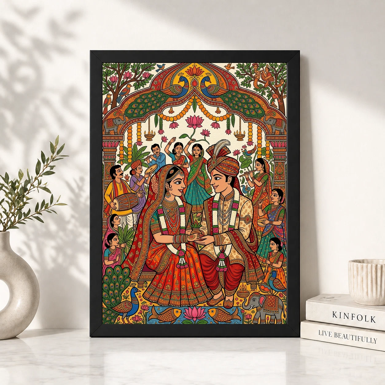 Madhubani Bride Groom Wedding Colorful Bihar Celebration Art Photo Frame, view 6