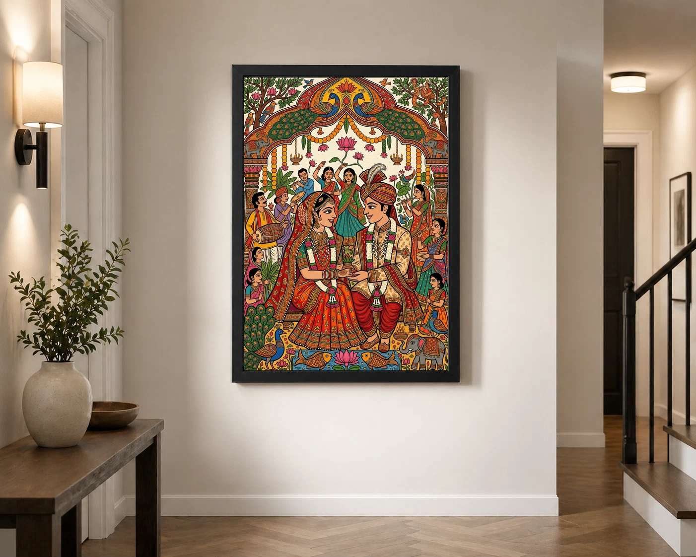 Madhubani Bride Groom Wedding Colorful Bihar Celebration Art Photo Frame, view 7