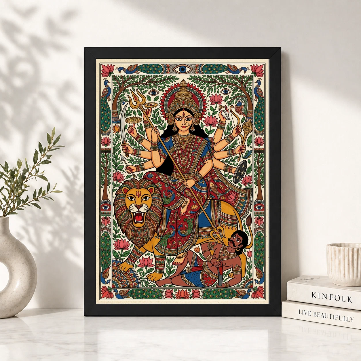 Madhubani Durga Goddess Folk Patterns Vivid Colors Art Photo Frame, view 2