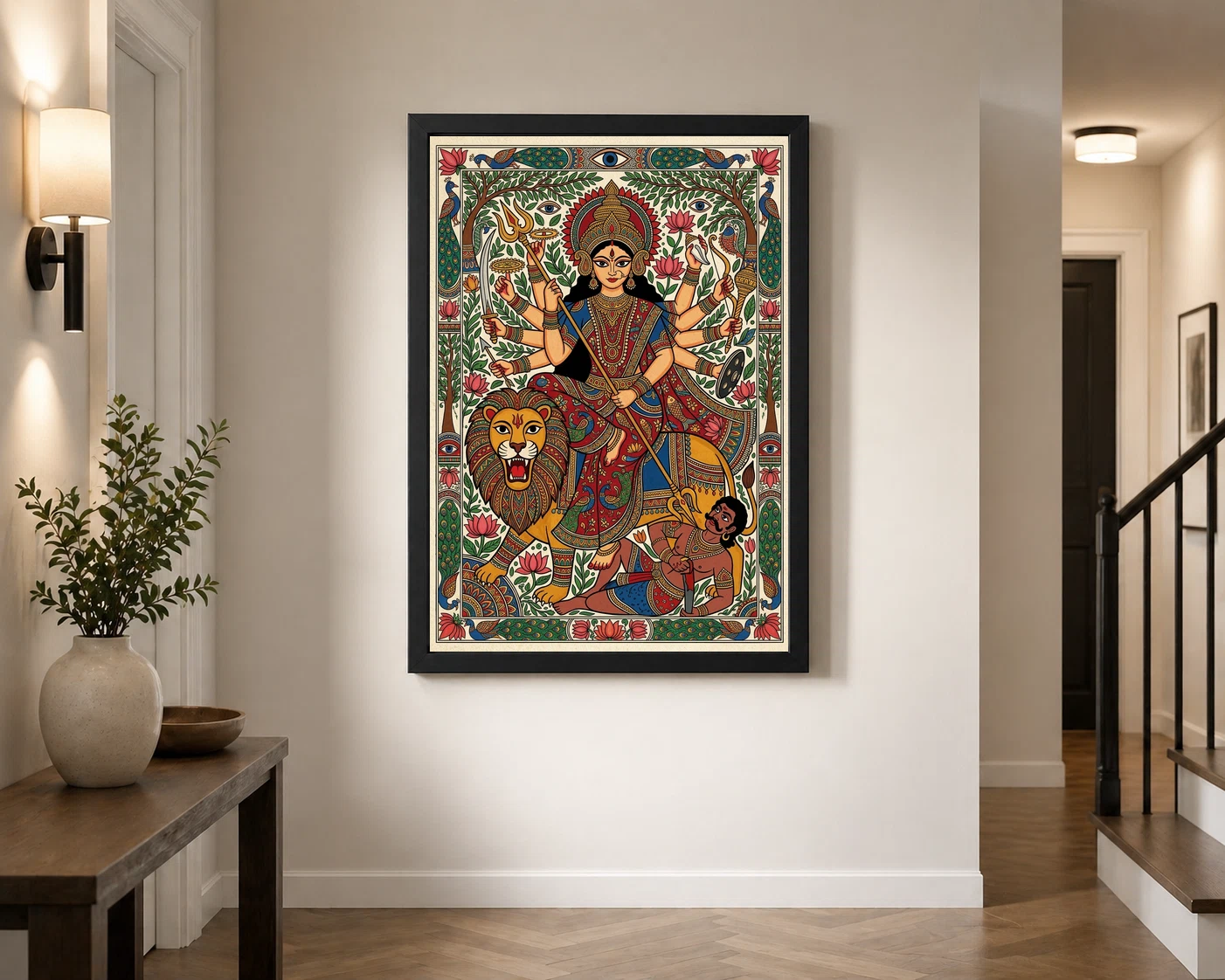 Madhubani Durga Goddess Folk Patterns Vivid Colors Art Photo Frame, view 3