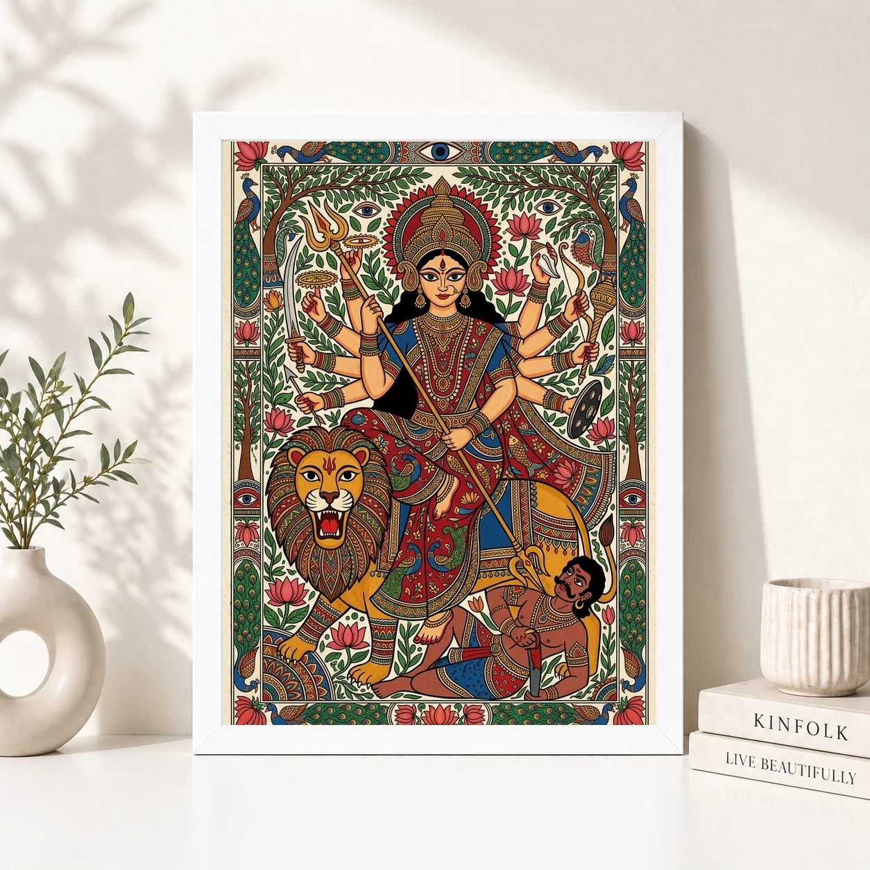 Madhubani Durga Goddess Folk Patterns Vivid Colors Art Photo Frame, view 5