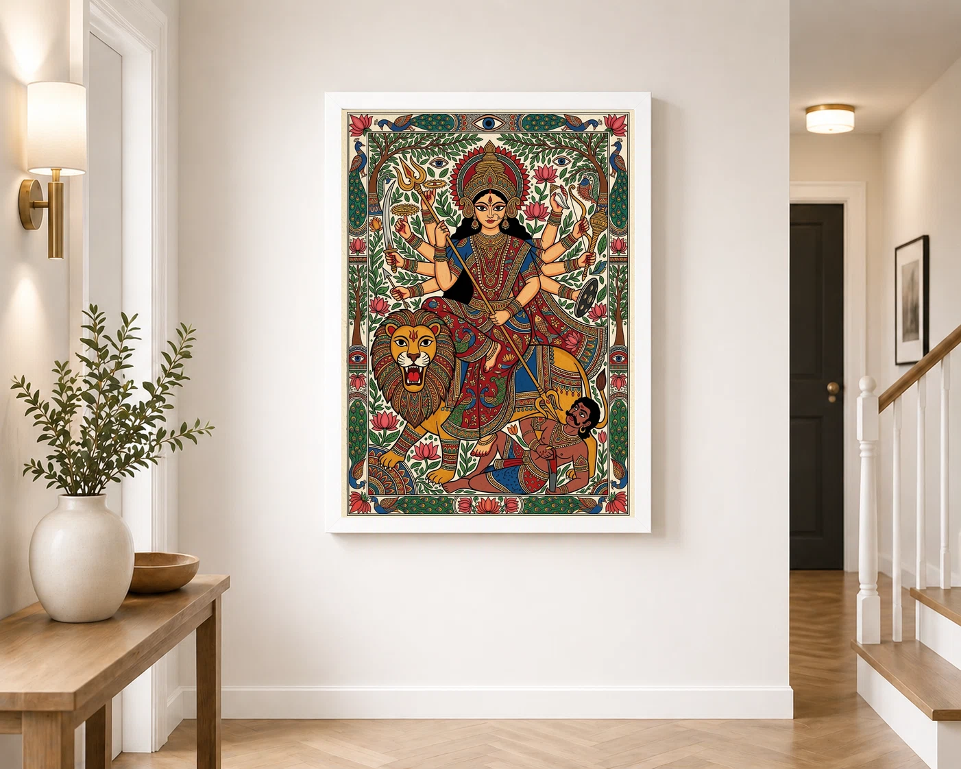 Madhubani Durga Goddess Folk Patterns Vivid Colors Art Photo Frame, view 7
