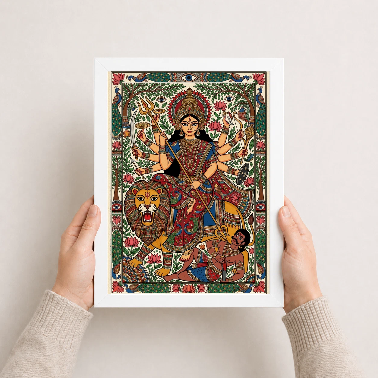 Madhubani Durga Goddess Folk Patterns Vivid Colors Art Photo Frame, view 8