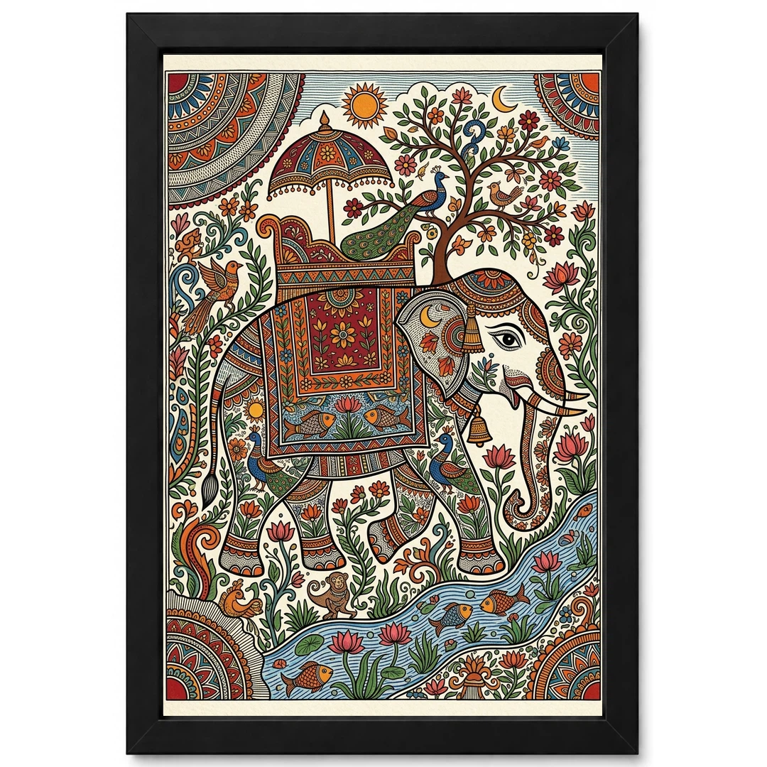 Madhubani Elephant Motif Bold Colorful Auspicious Folk Art Photo Frame