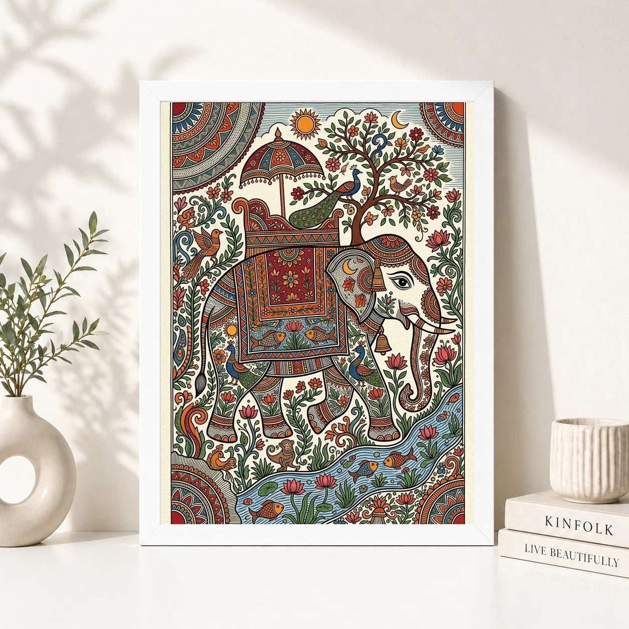 Madhubani Elephant Motif Bold Colorful Auspicious Folk Art Photo Frame, view 2