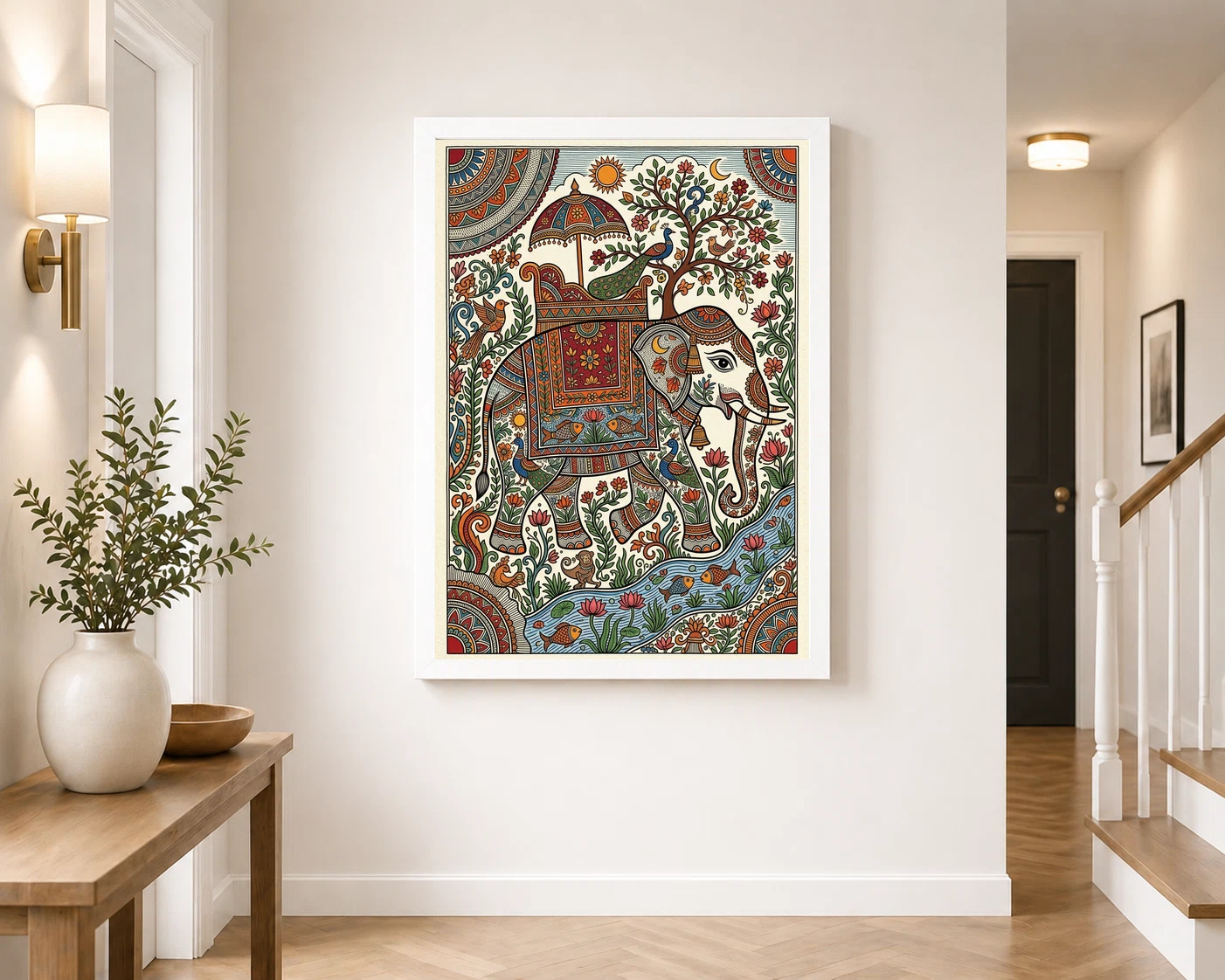 Madhubani Elephant Motif Bold Colorful Auspicious Folk Art Photo Frame, view 4